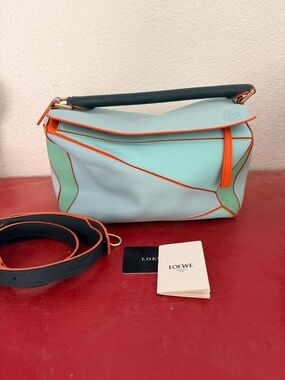 Loewe Mint and Light Blue Medium Puzzle Shoulder Bag with Orange Trim